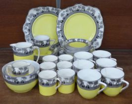 Foley Silhouette china tea and coffee ware, yellow with woodland scene around rim, some a/f, (UK