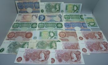 British banknotes, 1x £10, 1x £5, 11x £1 and 7x Ten Shillings