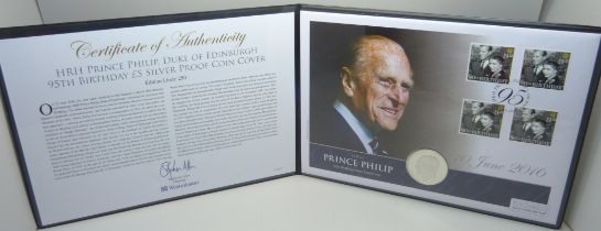 A HRH Prince Philip 95th Birthday £5 Silver Proof Coin Cover, limited to 250, in folder