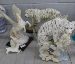 Two tiger sculptures, a cat figure and one other Pegasus figure group, a/f **PLEASE NOTE THIS LOT IS