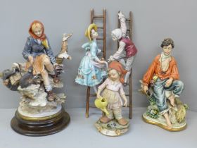 Five Capodimonte figures including two climbing ladders, (one a/f) two with Neapolitan stamp, etc.