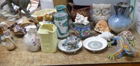 Assorted china including Tintagel Pottery mugs and vase, sea shells, Spanish and other china,