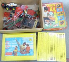 A box of mixed Meccano and other construction sets, including Constructo and Temsi