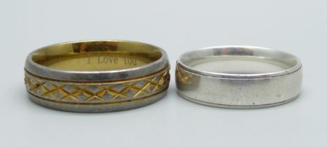 A white metal ring and a titanium ring marked Titanium 18K, sizes U and 1