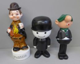 A musical china figure, Homepride style figure and an Avon Cosmetics talcum powder holder **PLEASE