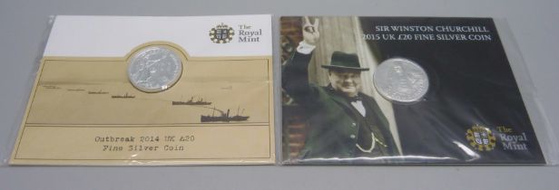 The Royal Mint, two silver proof £20 fine silver coins, 2015 Sir Winston Churchill and Outbreak 2014
