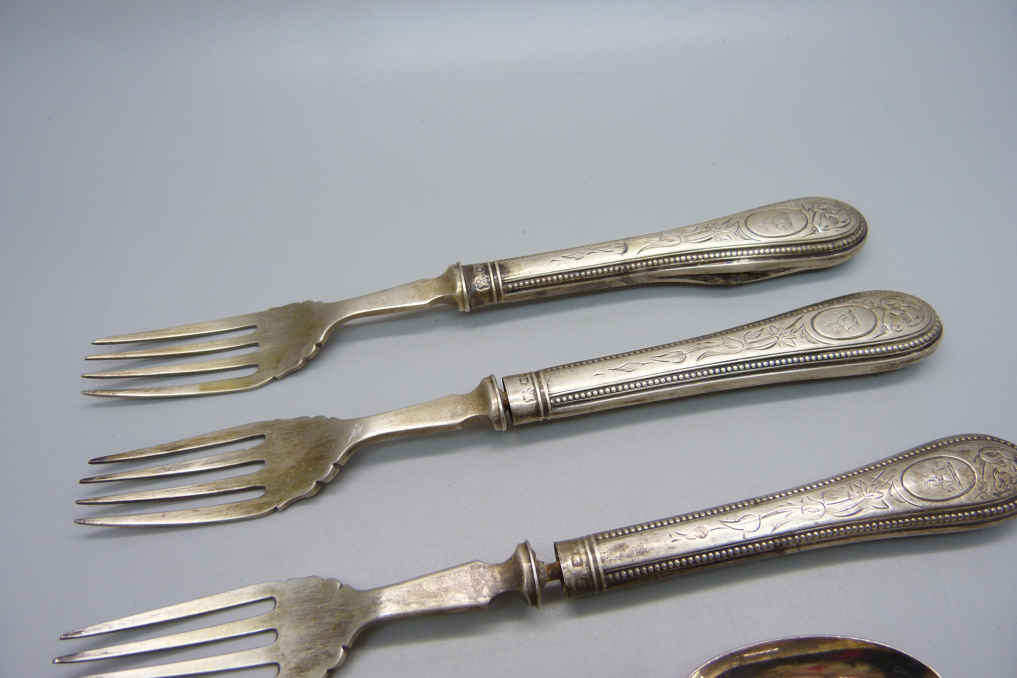 Three Victorian silver spoons, 63g, and three silver forks, total weight of forks 162g, (silver - Image 2 of 7