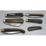 Six pocket knives including William Rodgers, Sheffield, Lamb Foot, one French Laguiole, etc.