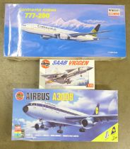 Three model aircraft kits; two Airfix and one Mini Craft, Saab, Airbus A300B Continental (box only)