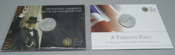 The Royal Mint, two silver proof £20 fine silver coins, 2015 Sir Winston Churchill and A Timeless