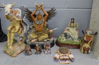 Two boxes of Native American collectors plates and assorted figures including Juliana Collection **