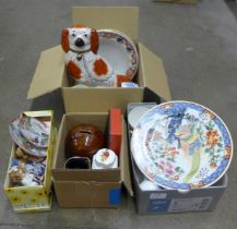 A collection of decorative china including a Staffordshire style dog, a Royal Albert Lady Carlyle