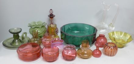 A collection of mainly Victorian coloured glass including small posy bowl, pink glass bowl, heavy