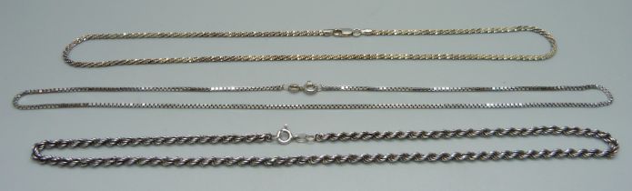 Three silver necklaces, 44cm to 50cm approximately