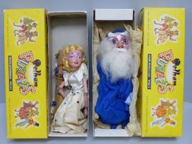 Two Pelham puppets, Merlin and Fairy, boxed