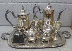 A five piece Oneida plated ware tea service and other plated ware including a tray, two goblets