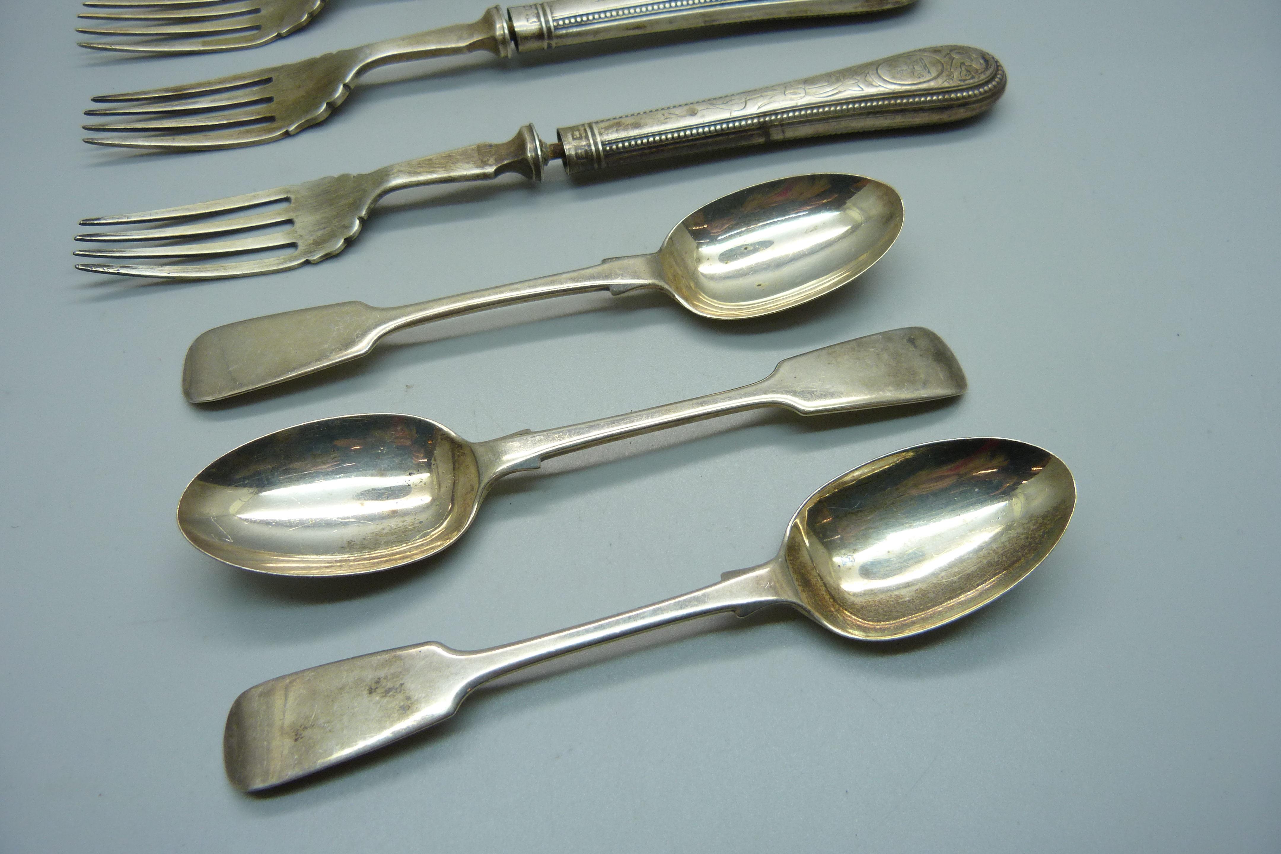 Three Victorian silver spoons, 63g, and three silver forks, total weight of forks 162g, (silver - Image 4 of 7