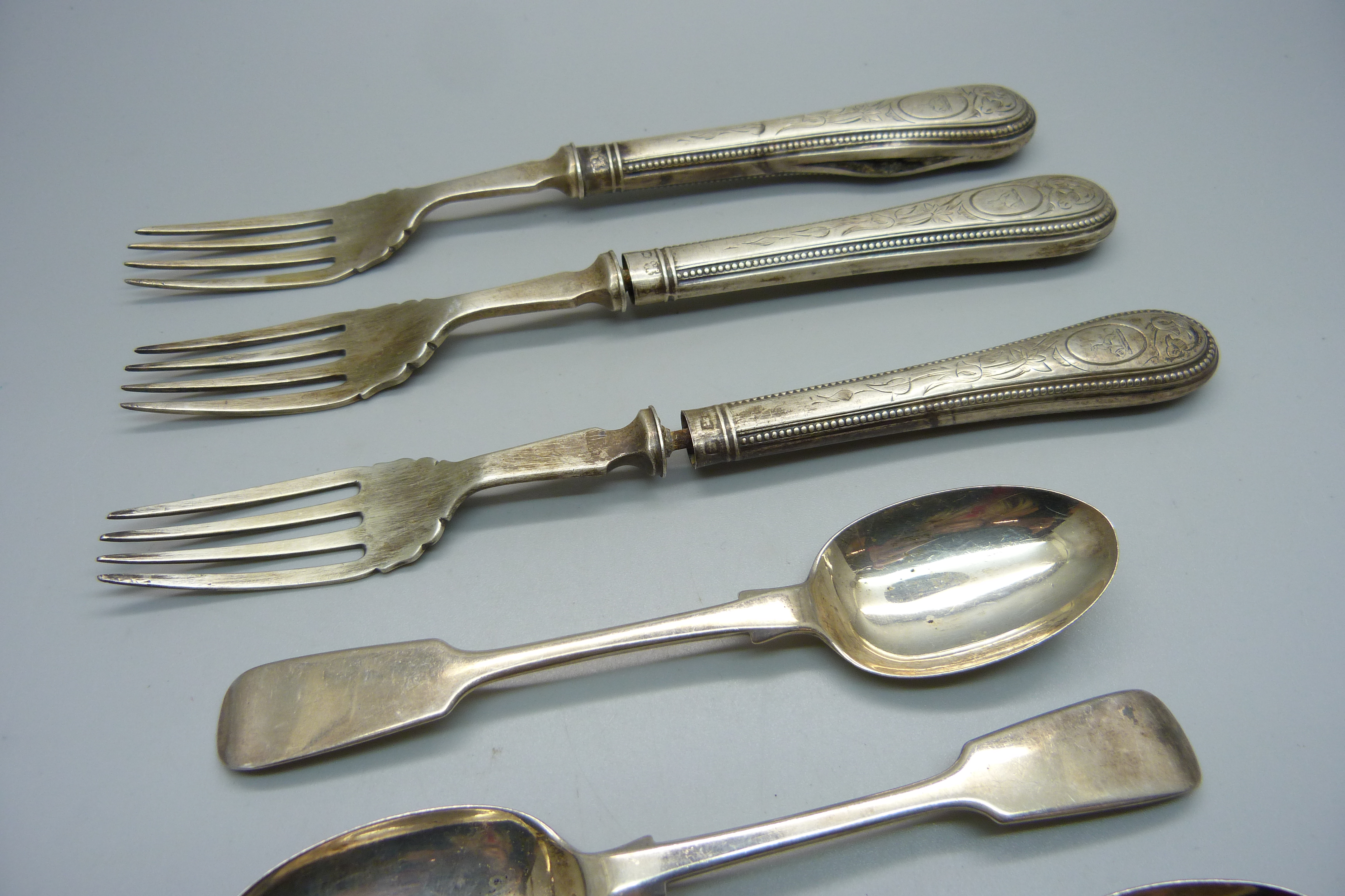 Three Victorian silver spoons, 63g, and three silver forks, total weight of forks 162g, (silver - Image 3 of 7