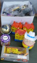 A collection of McDonalds toys, five money boxes, a Nestle egg and a Corgi Classics vehicle, boxed