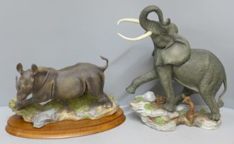 A Franklin Mint Ruler of the African Plains, Elephant and an African Thunder Rhino