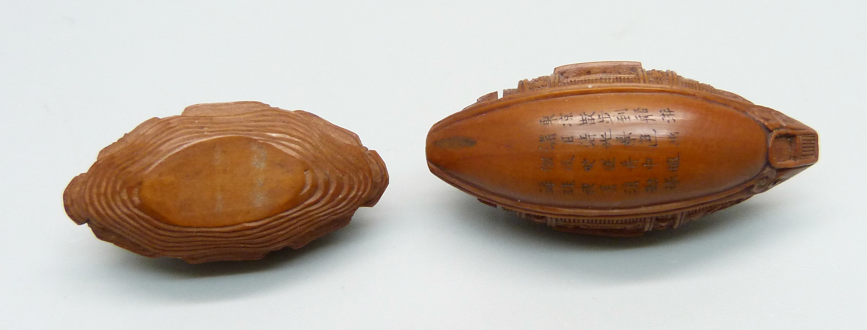 Two carved hediao nuts, one in the form of a Sampan boat with Chinese script - Image 3 of 4