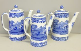 Three Copeland Spode blue and white water jugs, one lid a/f