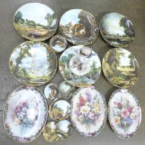A collection of plates including three floral Bradford Exchange plates a set of Royal Crown Derby