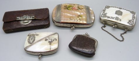Five small purses including mother of pearl
