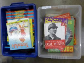 A box of children's annuals, Beano, Dandy, Beezer, plus a box of football magazines and other