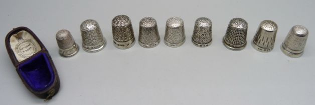 Nine fully hallmarked silver thimbles including Victorian