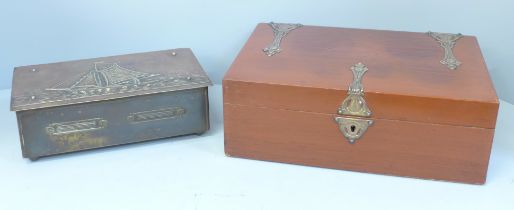 An Arts and Crafts wooden box and a mixed metal box depicting a Cornish fishing scene to the lid