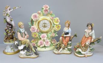 A collection of Capodimonte figures including a set of three, (one with small losses) a Neapolitan