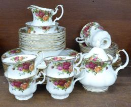 Royal Albert Old Country Roses china, six cups, saucers, side plates, cream, suar, small teapot,