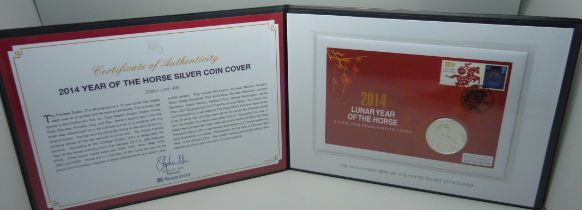 A 2014 Lunar Year of the Horse silver coin presentation cover, limited edition, in folder