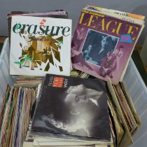 A box of 45rpm 7" vinyl singles, 1960s to 1980s including Tears For Fears, Erasure, Billy Joel, Soft