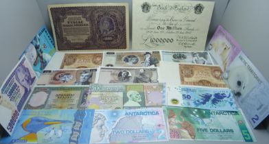 Twenty-nine foreign banknotes and seven novelty banknotes