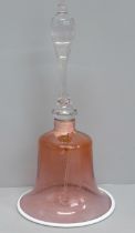 A circa 1900 cranberry glass bell, clacker and internal fitting a/f, 30cm tall