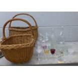 Two mid 20th Century wicker baskets and a collection of crystal and glass including a modern