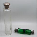 A green glass double ended scent bottle, with silver caps, a/f, and a Victorian silver topped
