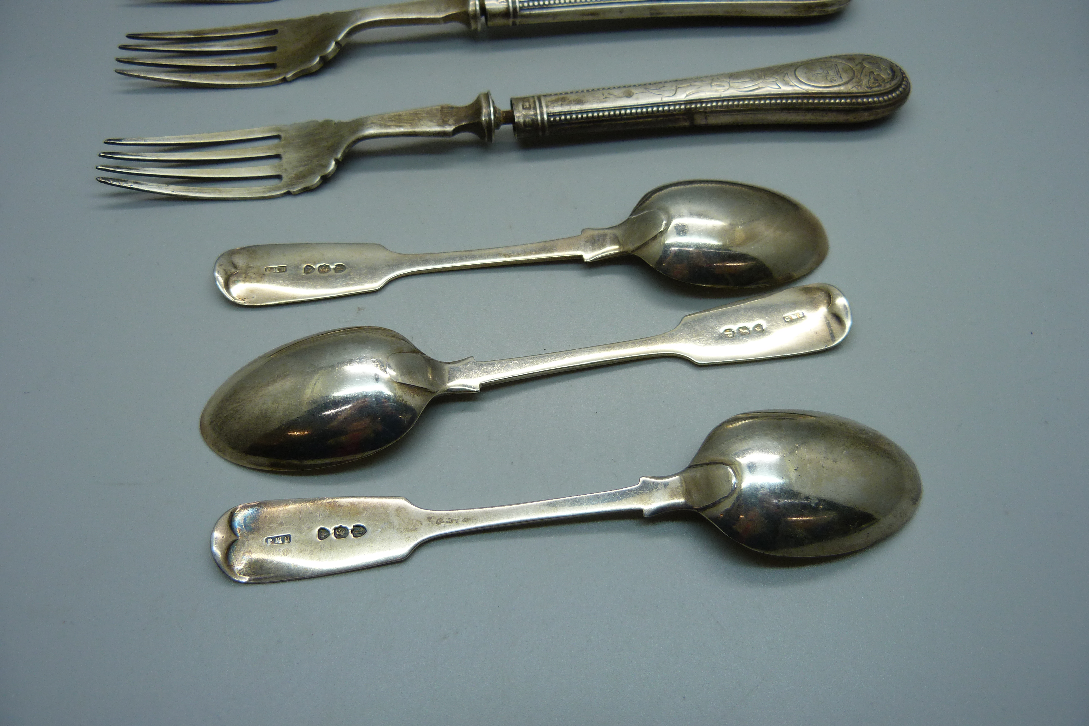 Three Victorian silver spoons, 63g, and three silver forks, total weight of forks 162g, (silver - Image 5 of 7