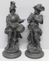A pair of spelter figures, musicians, 31cm