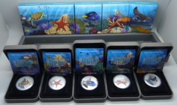The Perth Mint Australia, five cased ½ oz. silver proof coins, The Reef, Australian Sea Life II, all