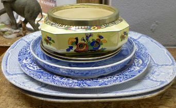 Two blue and white meat plates, a Spode blue and white charger, two Royal Doulton collectors plates,