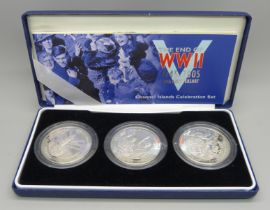 The Royal Mint, three 925 silver proof Five Pounds coins, The End of WWII 1945-2005 60th Anniversary