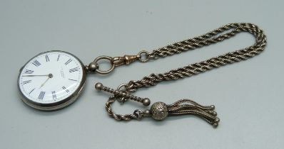 A silver fob watch, C.B. Hammond, London, and an Albertina chain with 9ct gold dog clip