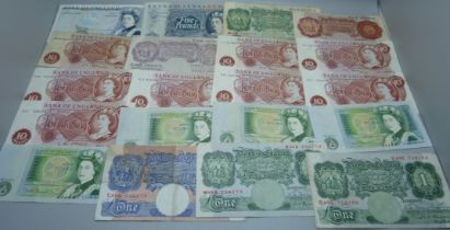 Twenty British banknotes, 2x £5, 8x £1 and 10x Ten Shillings