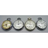 Four pocket watches including USSR Sekonda with railway loco detail on the case back