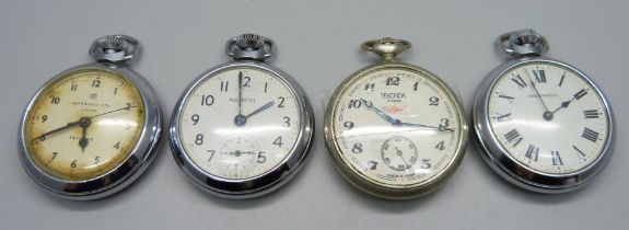 Four pocket watches including USSR Sekonda with railway loco detail on the case back