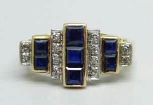 An 18ct gold, sapphire and diamond Art Deco style designer ring, 4g, N