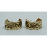 A pair of 9ct gold embossed broad hoop earrings, 1.6g